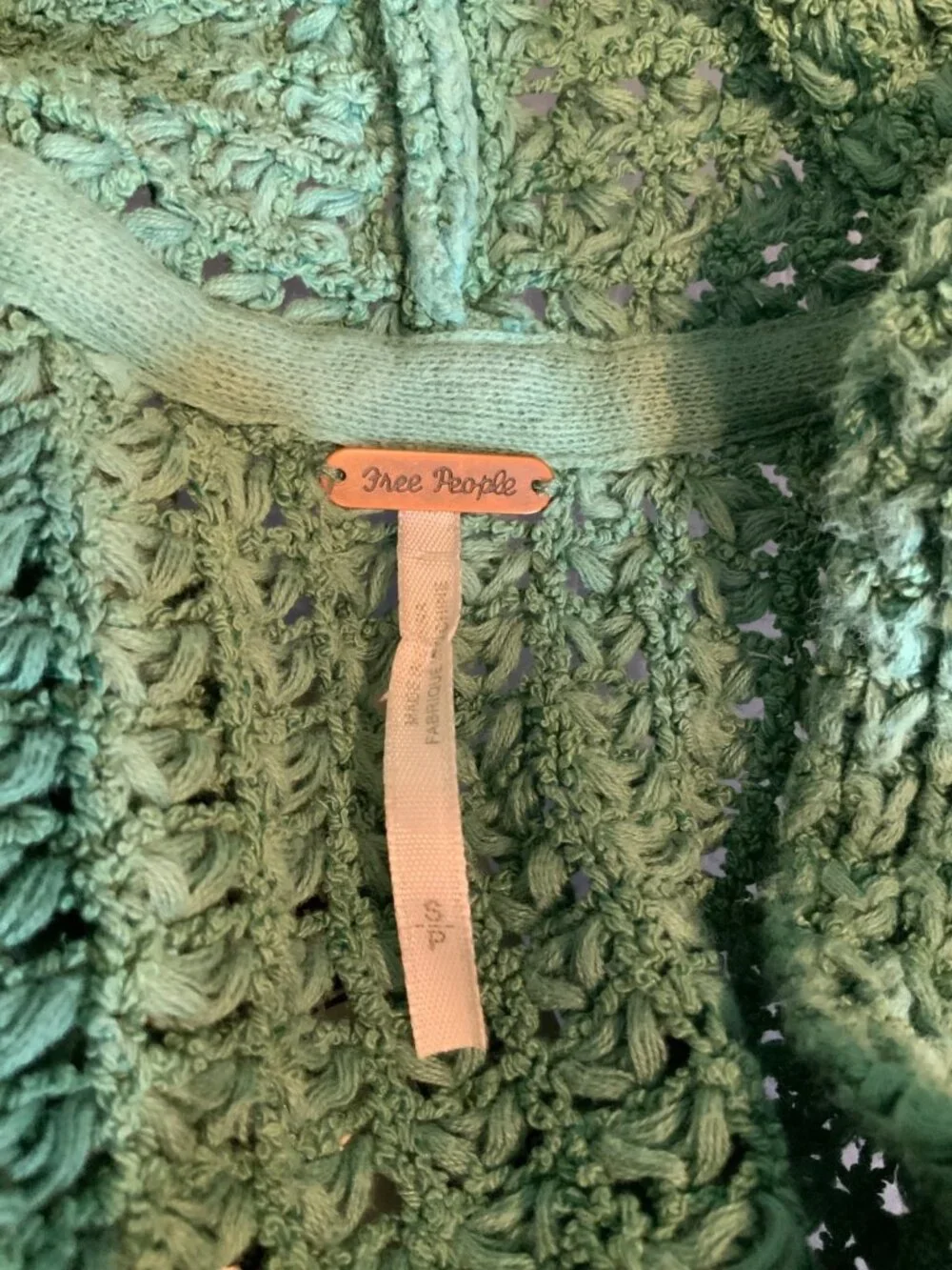 Free People Seafoam Green Open Front Chunky Knit Fringe Cardigan, Size S